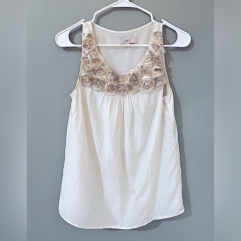LOFT Floral Applique Embellished Silk/cotton 
Sleeveless Ivory Boho Top small